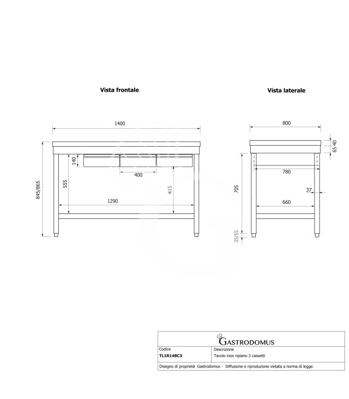 Tavolo inox ripiano 3 cassetti L 1400 mm x P 800 mm x H 865 mm