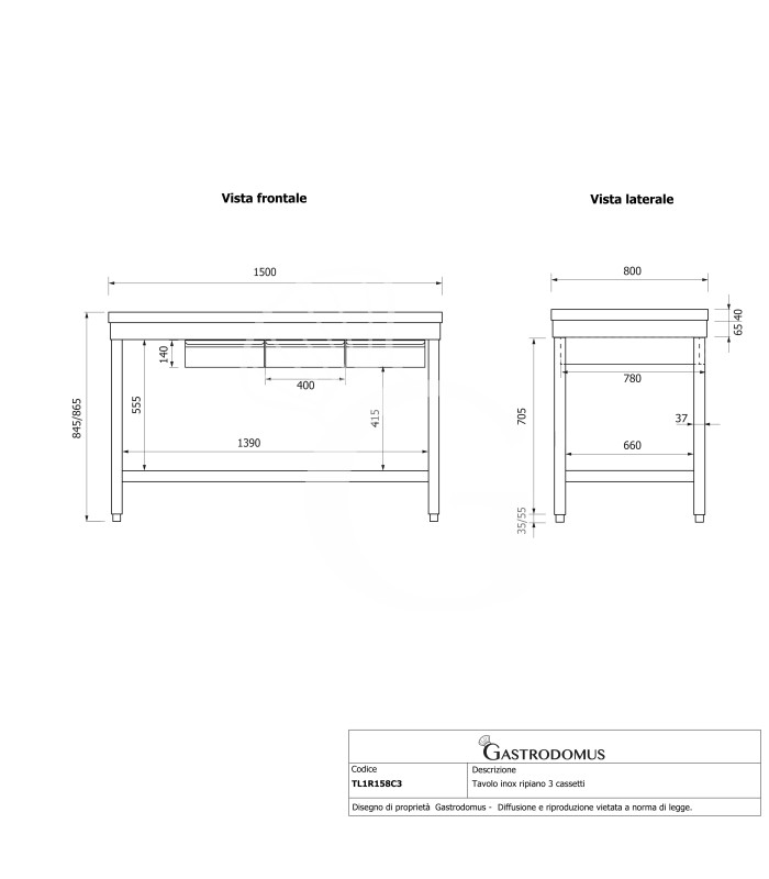 Tavolo inox ripiano 3 cassetti L 1500 mm x P 800 mm x H 865 mm