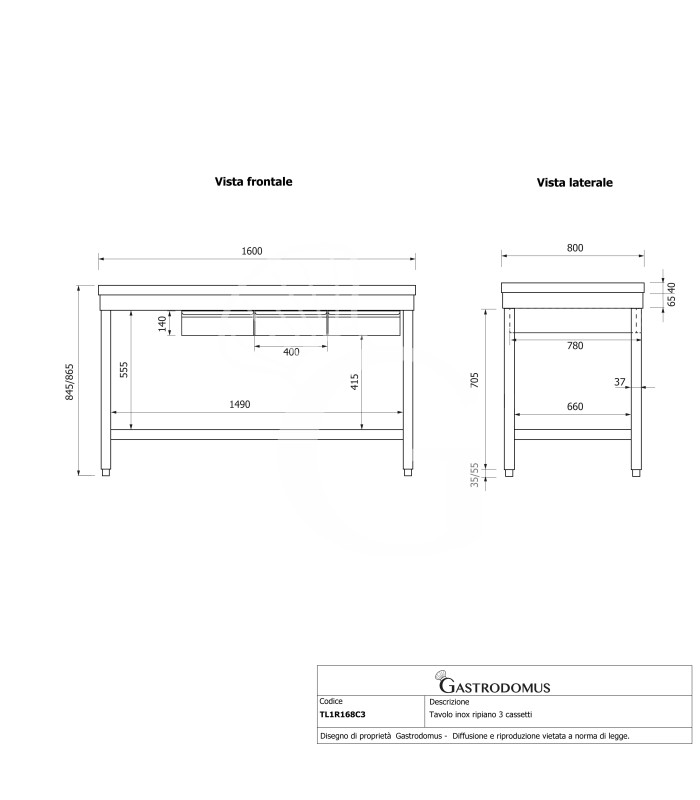 Tavolo inox ripiano 3 cassetti L 1600 mm x P 800 mm x H 865 mm