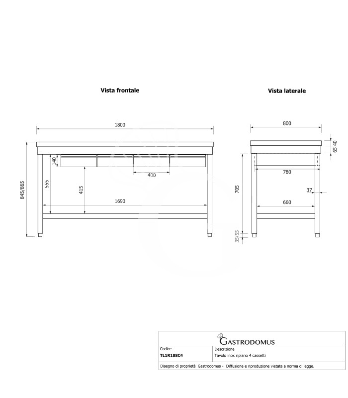 Tavolo inox ripiano 4 cassetti L 1800 mm x P 800 mm x H 865 mm