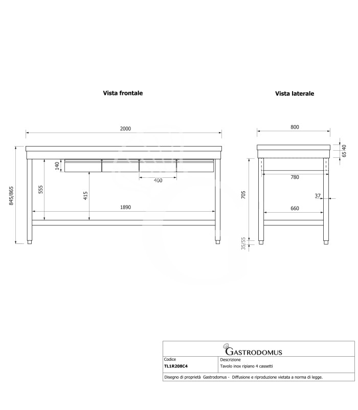 Tavolo inox ripiano 4 cassetti L 2000 mm x P 800 mm x H 865 mm