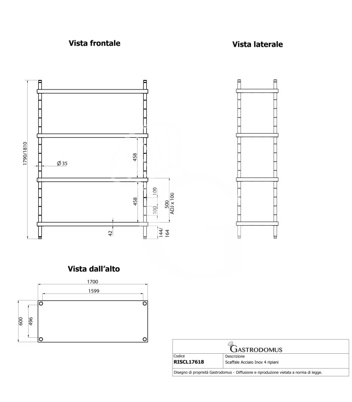 Scaffale Acciaio Inox 4 ripiani L 1700 x P 600 x H 1800 mm