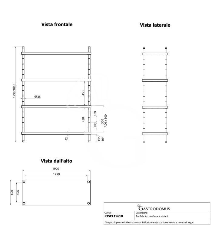 Scaffale Acciaio Inox 4 ripiani L 1900 x P 600 x H 1800 mm