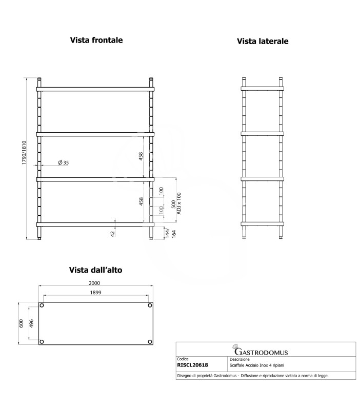 Scaffale Acciaio Inox 4 ripiani L 2000 x P 600 x H 1800 mm