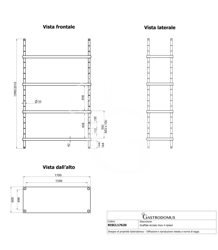 Scaffale Acciaio Inox 4 ripiani L 1700 x P 600 x H 2000 mm