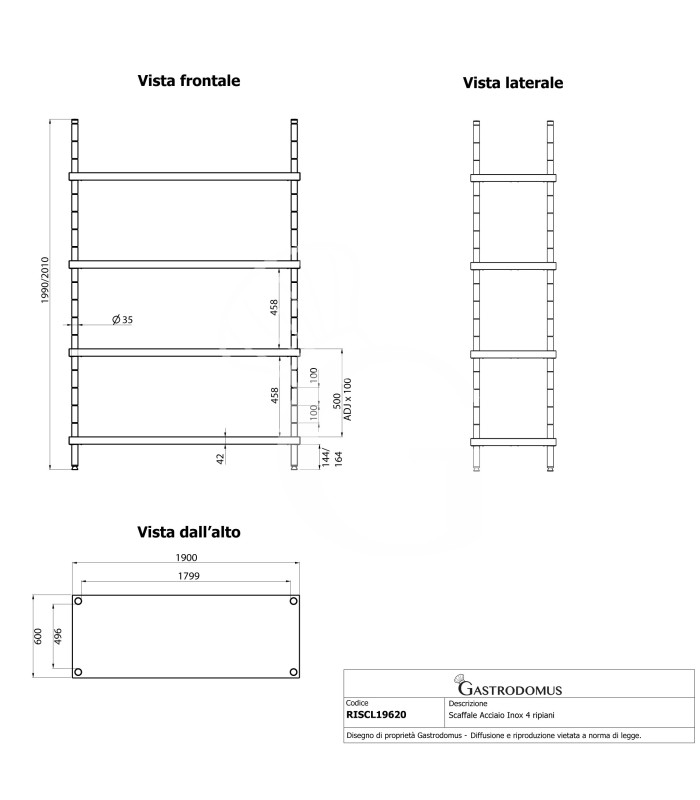 Scaffale Acciaio Inox 4 ripiani L 1900 x P 600 x H 2000 mm