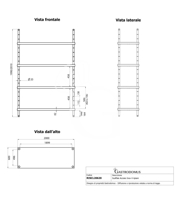 Scaffale Acciaio Inox 4 ripiani L 2000 x P 600 x H 2000 mm