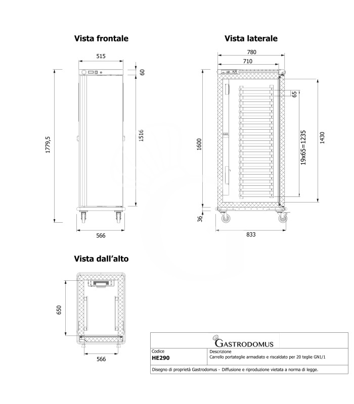 Carrello portateglie armadiato e riscaldato per 20 teglie GN1/1