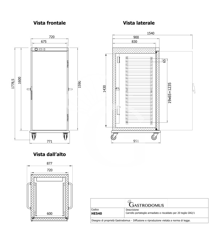 Carrello portateglie armadiato e riscaldato per 20 teglie GN2/1