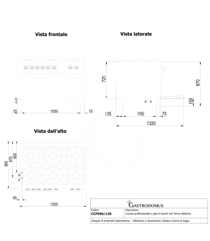 Cucina professionale a gas 6 fuochi forno elettrico a convezione armadio neutro profondità 900 mm