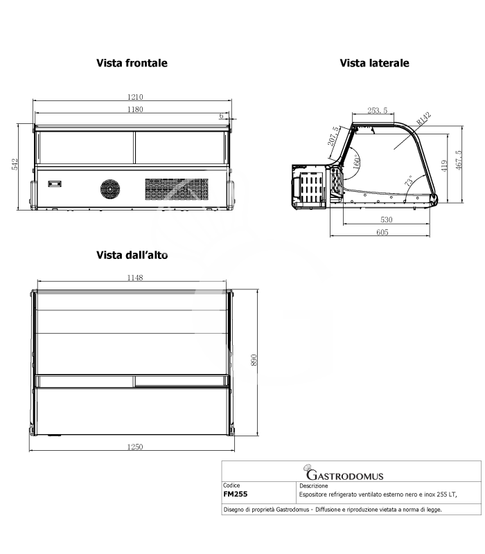 Espositore refrigerato ventilato esterno nero e inox, capacità 255 LT, luce interna LED