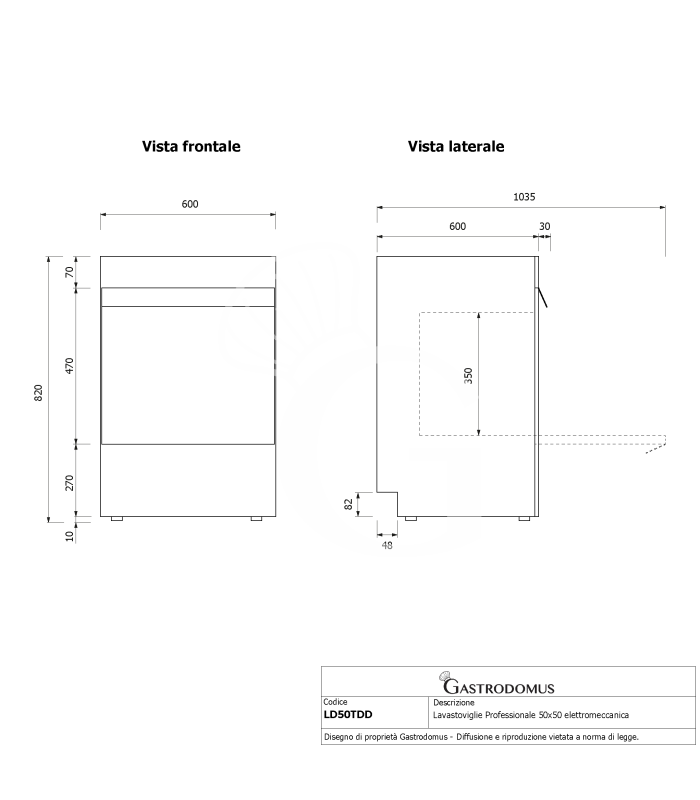 Lavastoviglie Professionale 50x50 H350 elettromeccanica trifase a doppia parete con dosatori brillantante e detergente