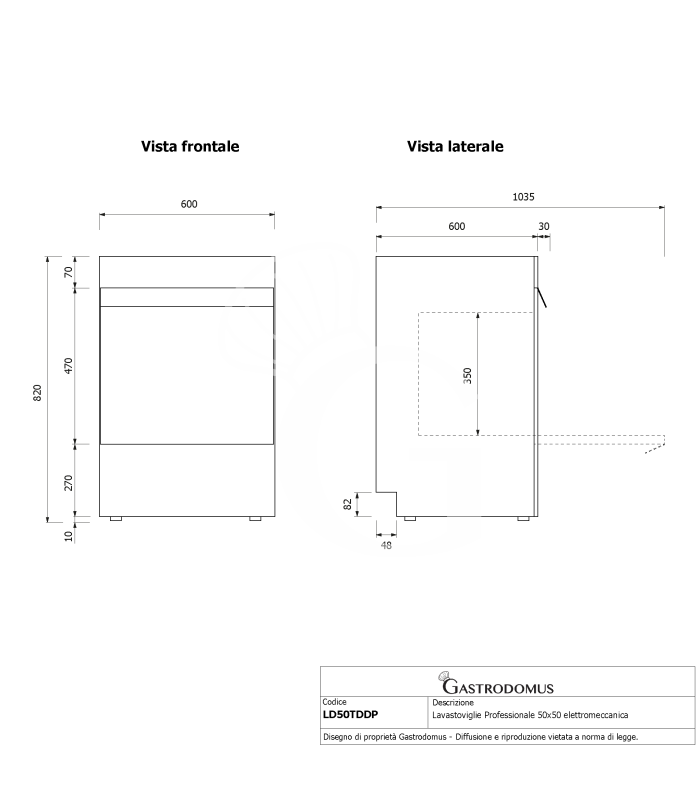 Lavastoviglie professionale 50x50 H350 elettromeccanica trifase a doppia parete, con dosatori e pompa di scarico