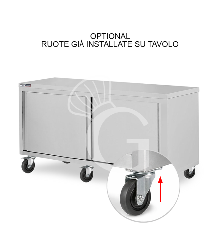 Ruote già montate su Tavolo inox o Tavolo Frigo – Prodotto Pronto all’Uso (6 Ruote, 3 con Freno)