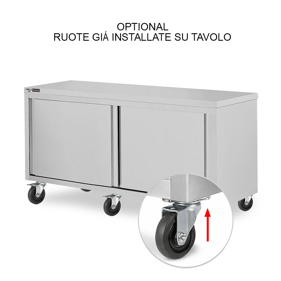 Ruote già montate su Tavolo inox o Tavolo Frigo – Prodotto Pronto all’Uso (6 Ruote, 3 con Freno)