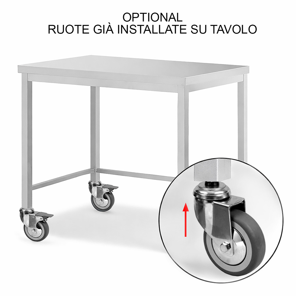 Ruote già montate su tavoli semplici aperti in acciaio inox 4 Ruote, 2 con Freno - diametro 100 mm