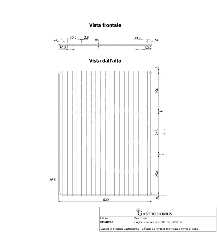 Griglia in acciaio inox 600 mm x 800 mm