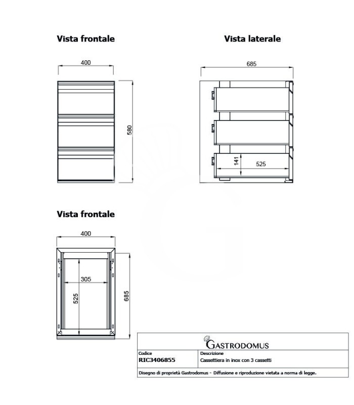 Cassettiera in acciaio inox da agganciare al tavolo, dotata di 3 cassetti, L 400 x P 685 x H 580 mm