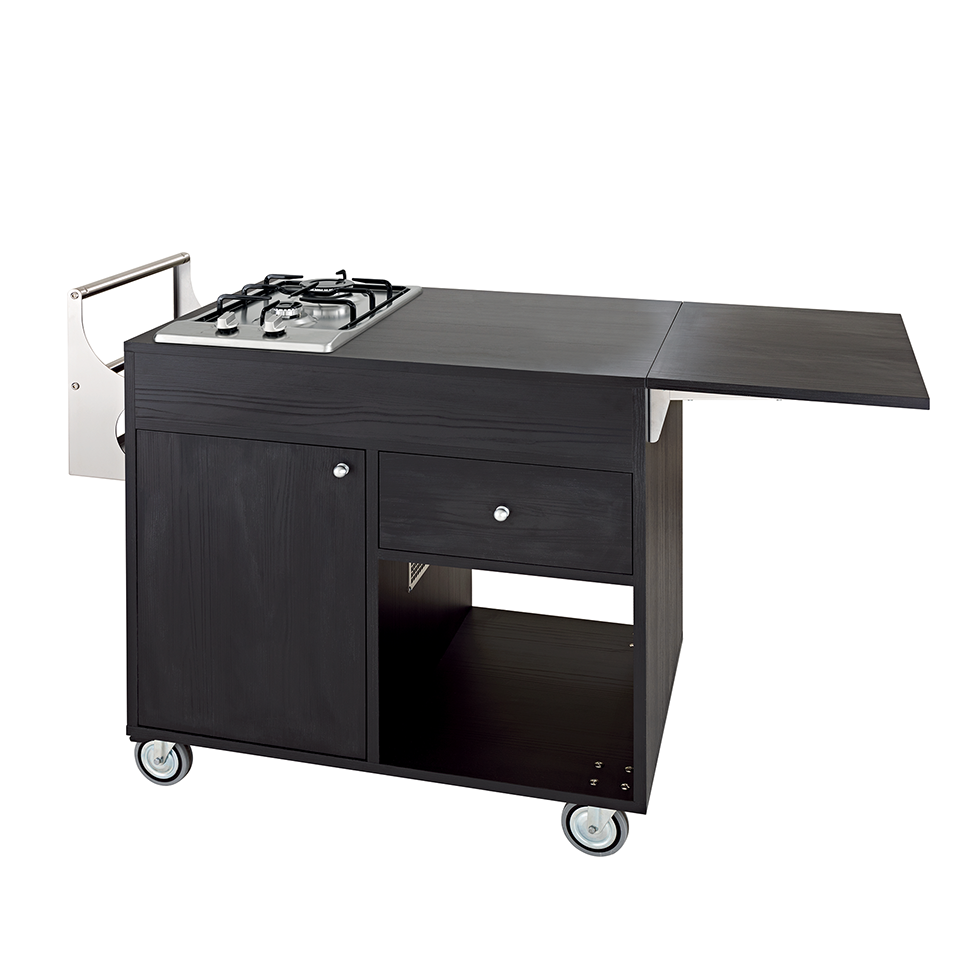 Carrello di servizio Flambè Trolley in legno nobilitato con 1 piastra a 2 fuochi L 1050/137 x P 570 x H 910 mm