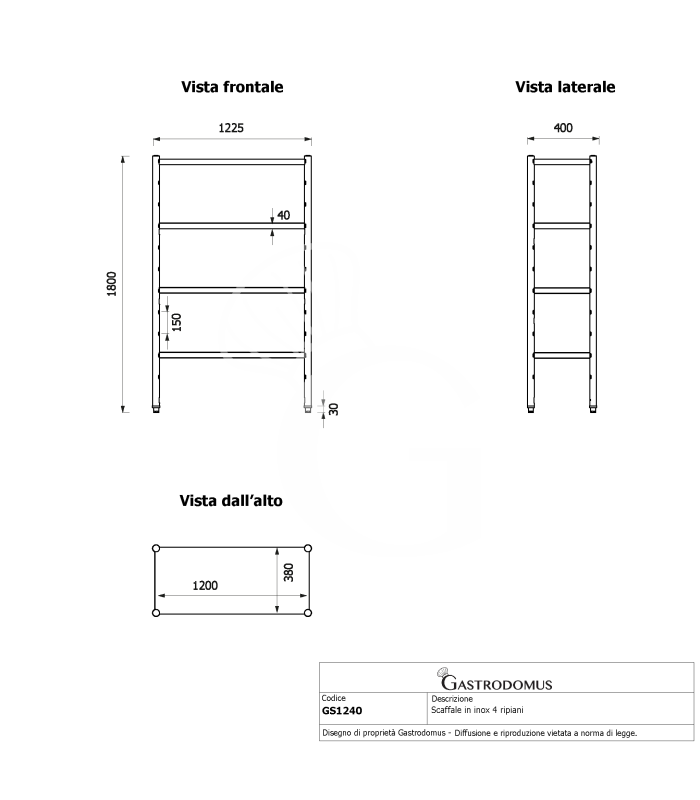 Scaffale Acciaio Inox 4 ripiani L 1225 mm x P 400 mm x H 1800 mm