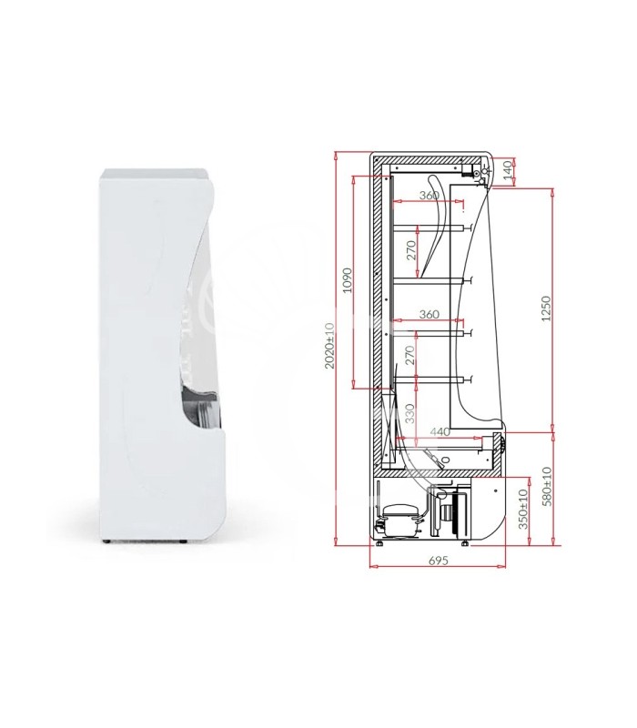 Murale espositivo Oscar ventilato con tenda notte, temperatura +3°C/+10°C e lunghezza 1310 mm