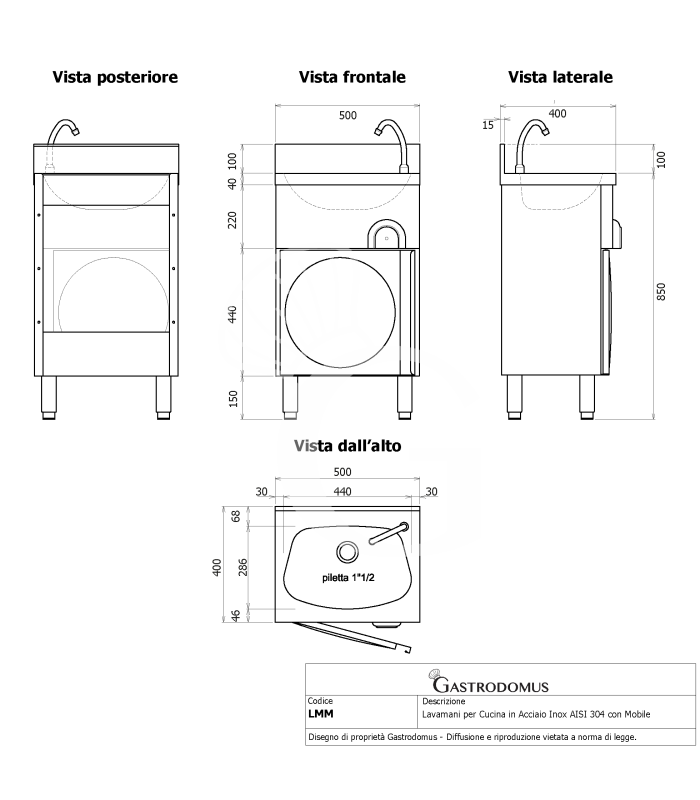 Lavamani per Cucina in Acciaio Inox AISI 304 con Mobile e Comando a Ginocchio