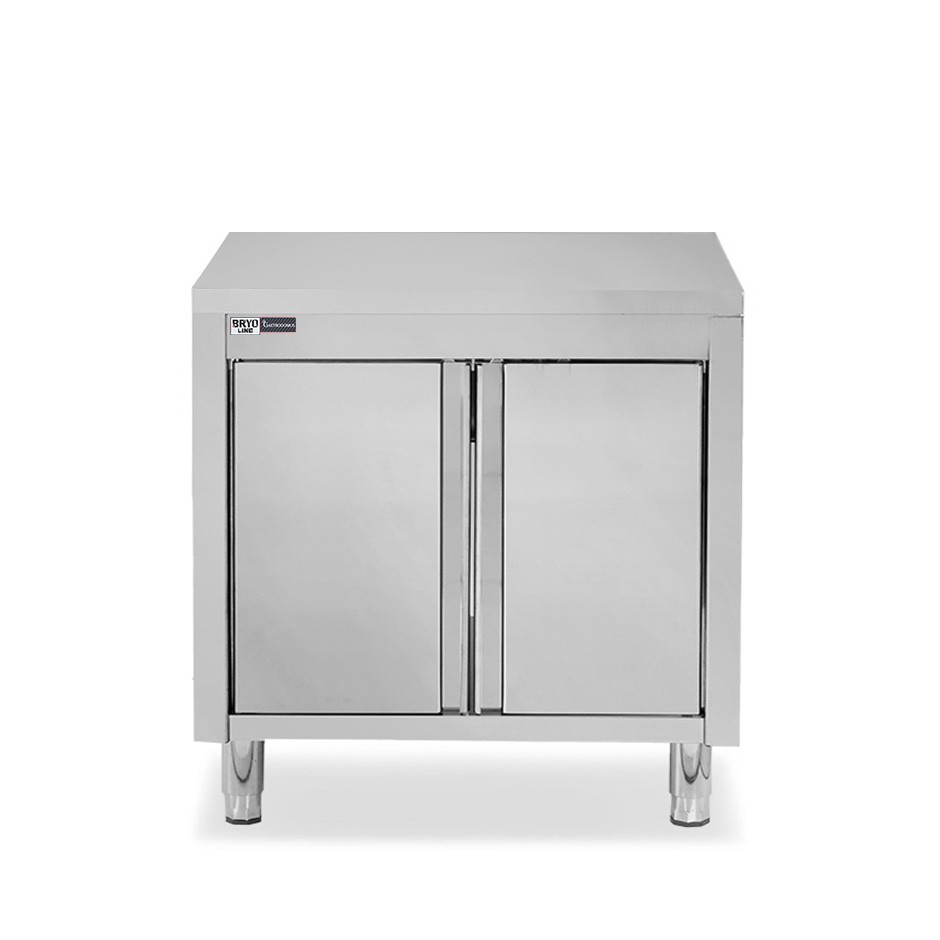 Tavolo inox armadiato con 2 porte battenti, L 800 mm x P 800 mm x H 850 mm