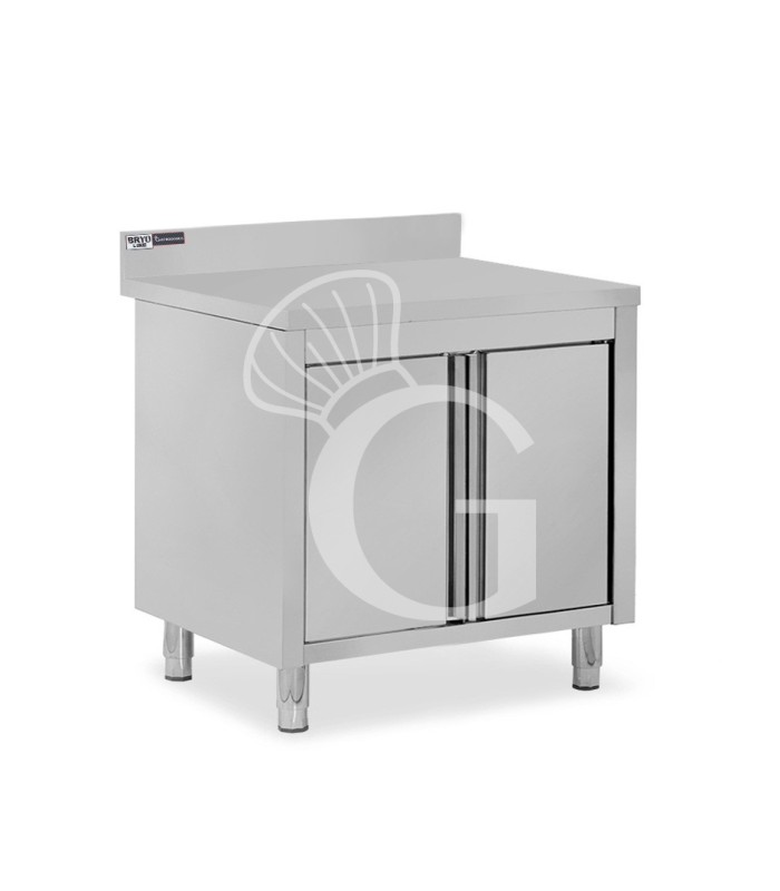 Tavolo armadiato in acciaio inox, 2 porte battenti, alzatina, dimensioni L 800 x P 800 x H 950 mm