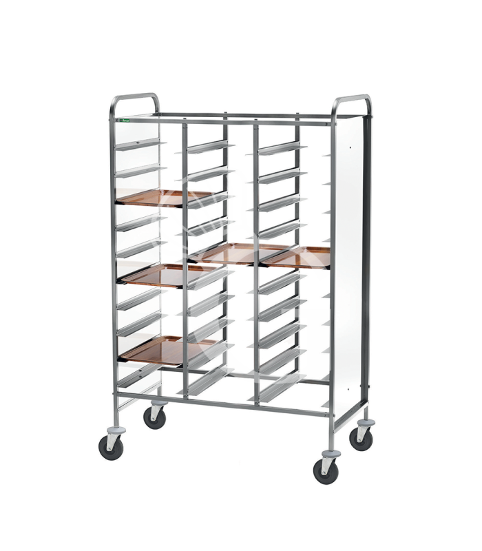 Carrello portavassoi con telaio rinforzato e sponde in perfex bianco per 30 vassoi GN1/1 - L 1100 x P 620 x H 1750 mm