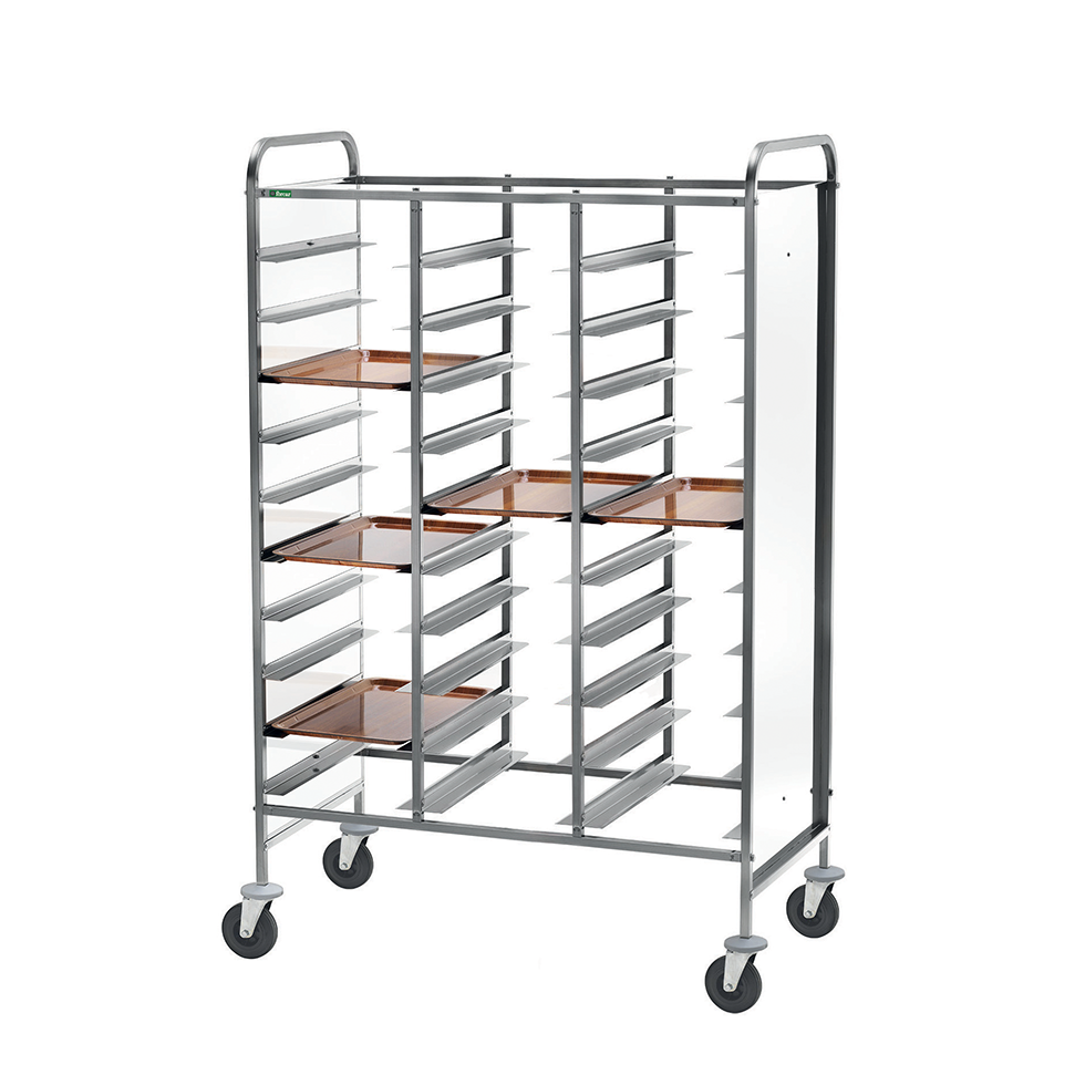 Carrello portavassoi con telaio rinforzato e sponde in perfex bianco per 30 vassoi GN1/1 - L 1100 x P 620 x H 1750 mm