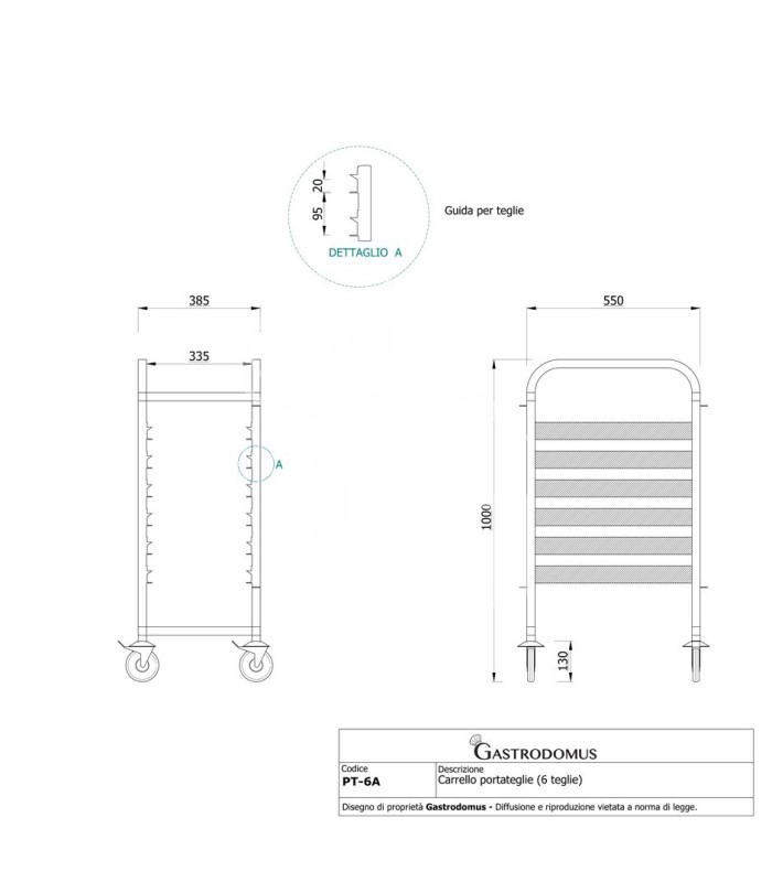Carrello portateglie per 6 teglie GN1/1 - L 385 mm x P 550 mm x H 1000 mm
