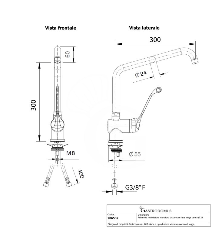 Rubinetto miscelatore monoforo orizzontale leva lunga canna Ø 24