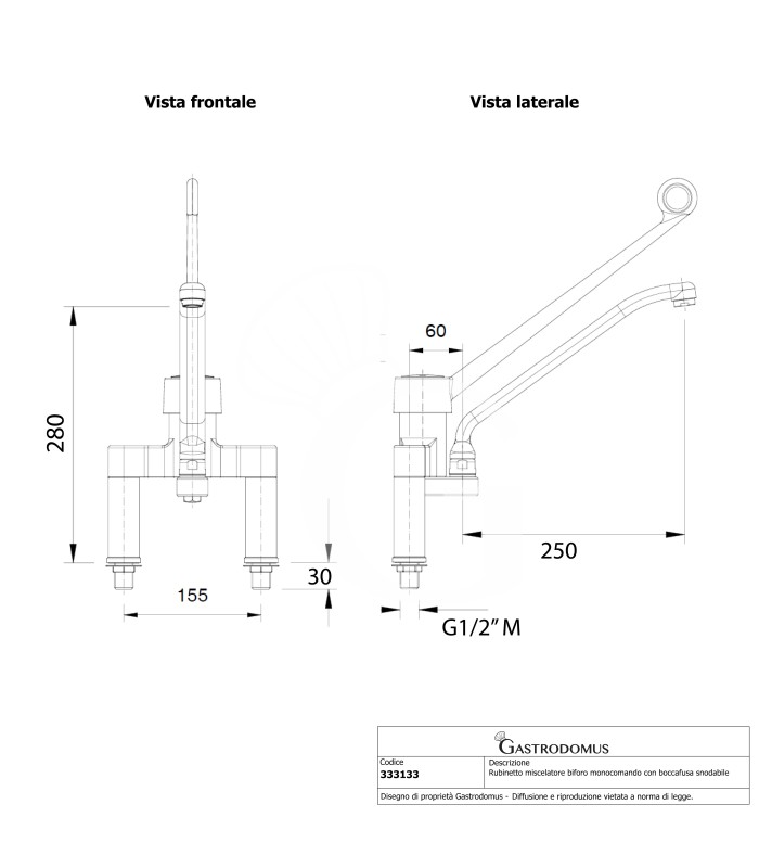Rubinetto miscelatore biforo monocomando con boccafusa snodabile L 250 mm x H 290 mm