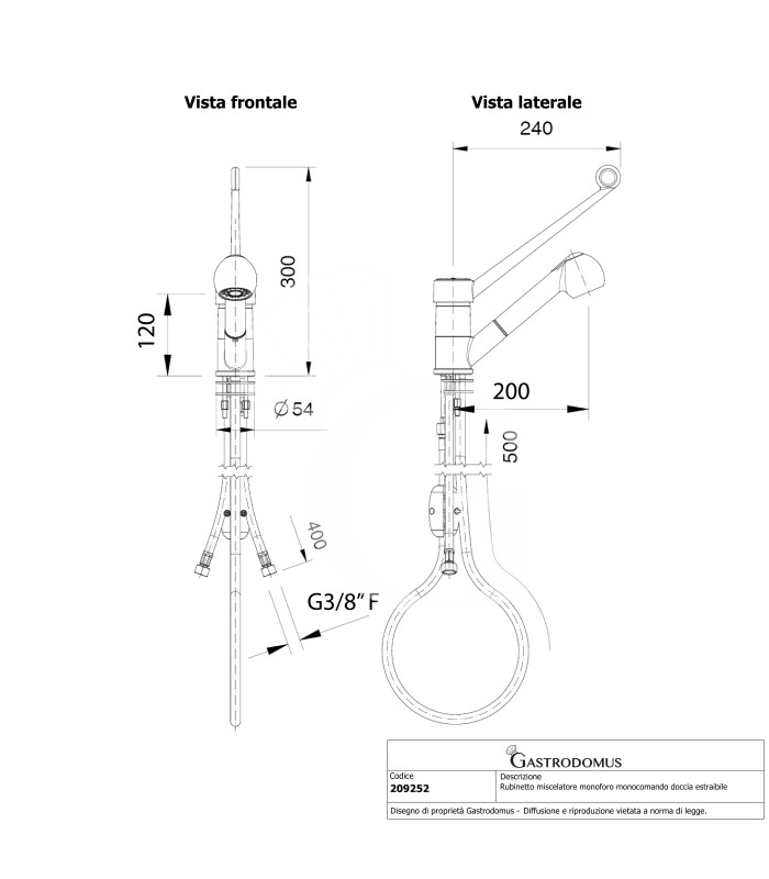 Rubinetto miscelatore monoforo monocomando doccia estraibile con leva in plastica - L 195 mm