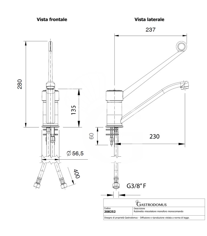 Rubinetto miscelatore monoforo monocomando bocca in tubo girevole con leva in plastica - L 230 mm