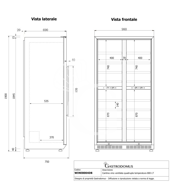 Cantina vino ventilata quadrupla temperatura 800 LT 18 ripiani 154 bottiglie +5°C/+22°C
