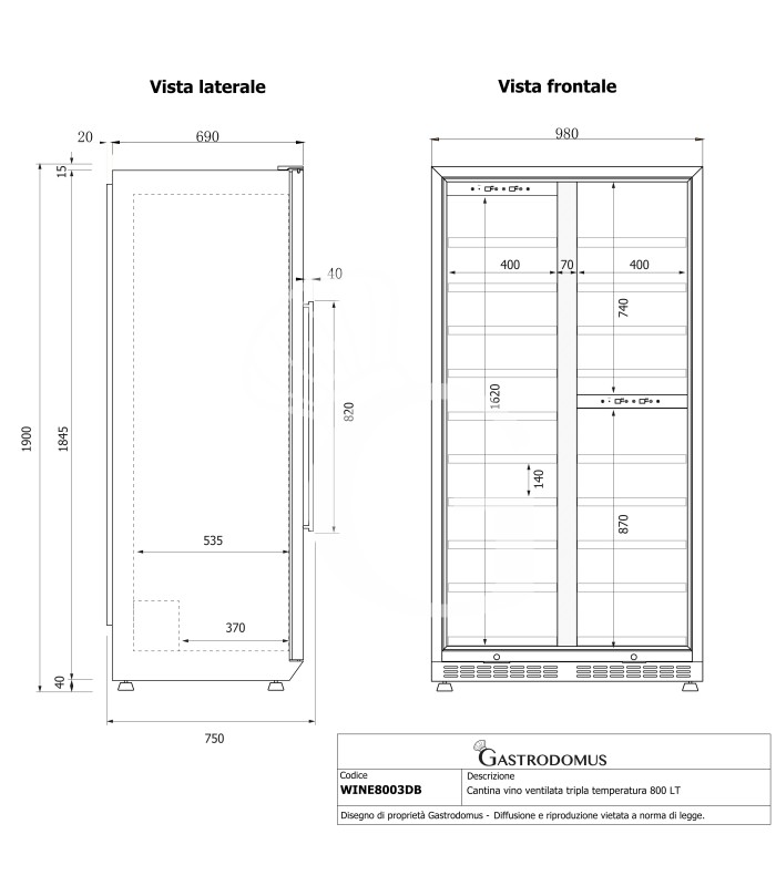 Cantina vino ventilata tripla temperatura 800 LT 19 ripiani 163 bottiglie +5°C/+22°C