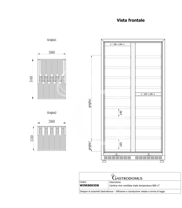 Cantina vino ventilata tripla temperatura 800 LT 19 ripiani 163 bottiglie +5°C/+22°C