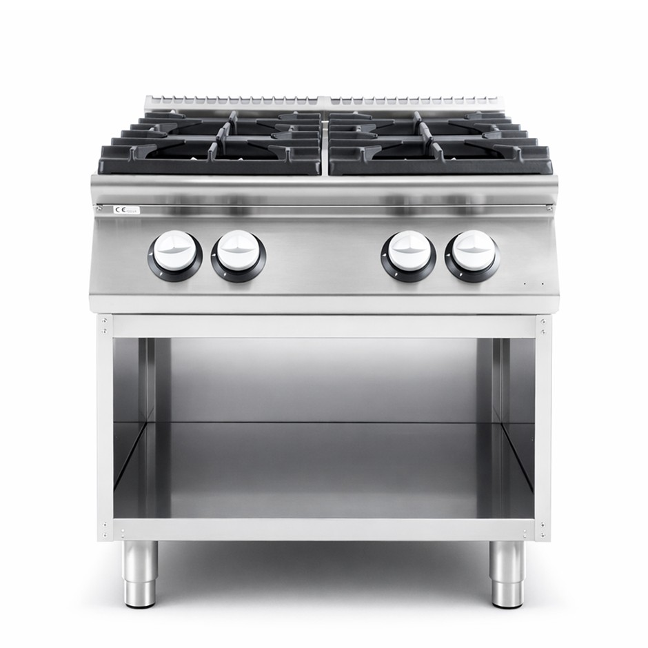 Cucina professionale a gas 4 fuochi armadio aperto profondità 900 mm