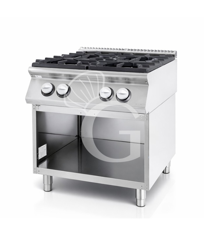 Cucina professionale a gas 4 fuochi armadio aperto profondità 900 mm
