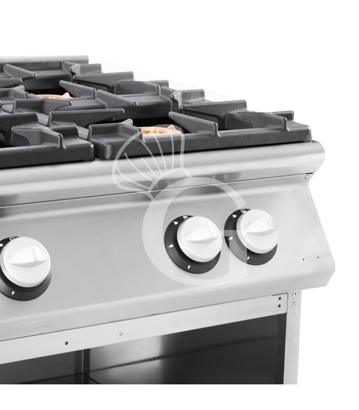 Cucina professionale a gas 4 fuochi armadio aperto profondità 900 mm