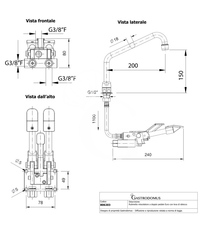Rubinetto miscelatore a doppio pedale Euro con leva di sblocco e basetta esagonale - 200 x 150 mm - acqua calda/fredda