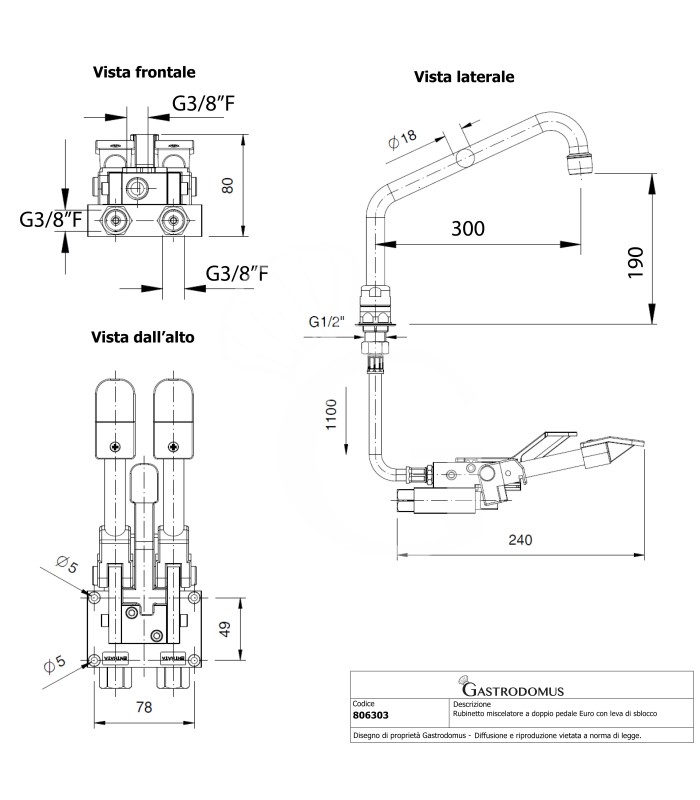 Rubinetto miscelatore a doppio pedale Euro con leva di sblocco e basetta esagonale - 300 x 190 mm - acqua calda/fredda