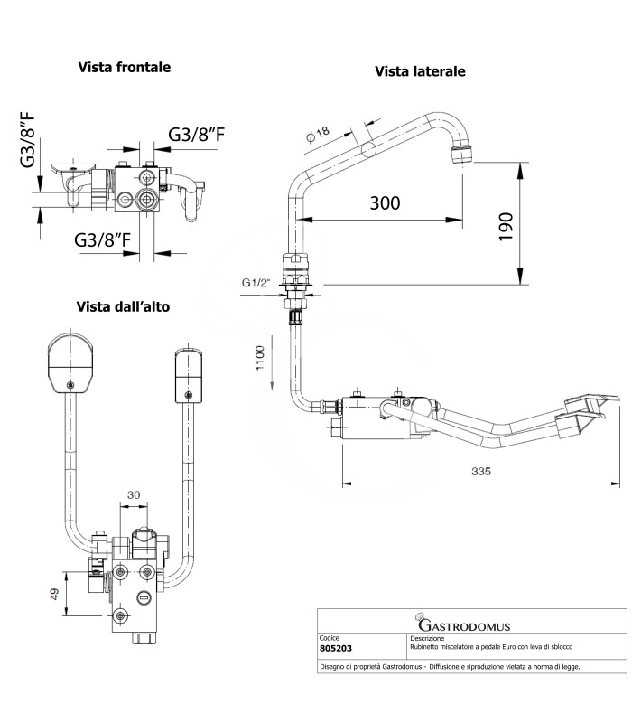 Rubinetto miscelatore a pedale Euro con leva di sblocco e basetta esagonale - 300 x 190 mm