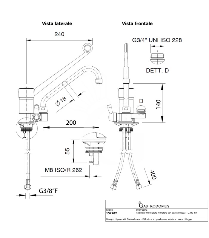 Rubinetto miscelatore monoforo con attacco doccia - L 200 mm