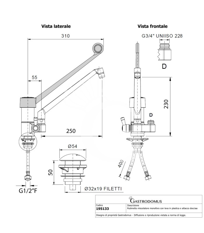 Rubinetto miscelatore monoforo C40 con leva in plastica nera e attacco doccia - L 250 mm