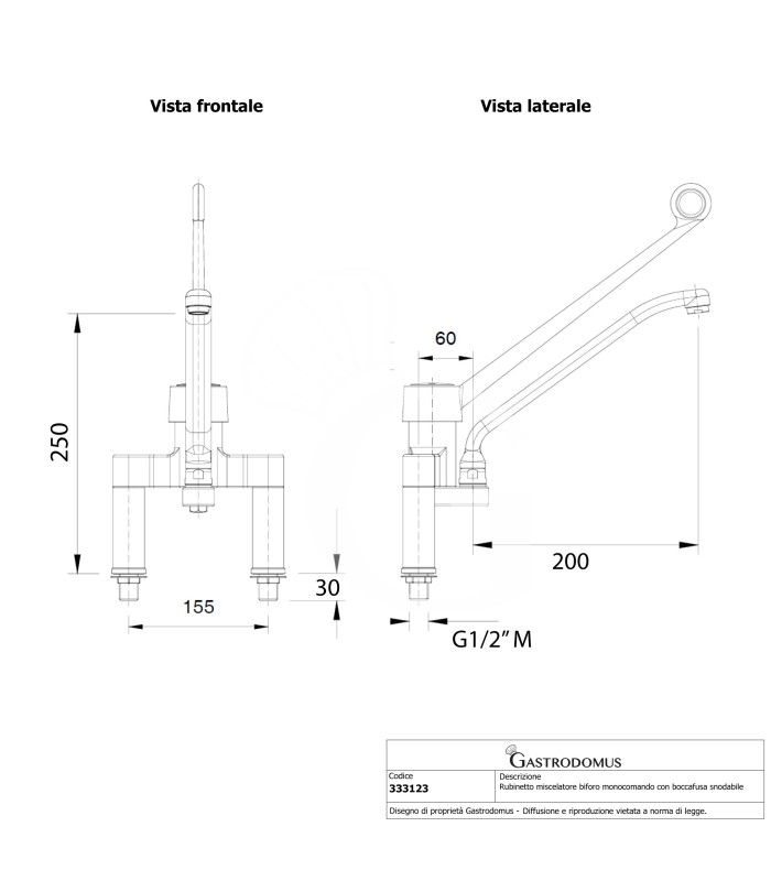 Rubinetto miscelatore biforo monocomando con boccafusa snodabile L 200 mm x H 250 mm