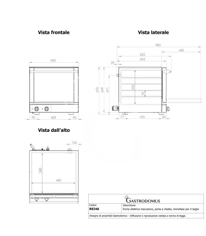 Forno elettrico, comandi meccanici, porta a ribalta, monofase per 4 teglie 460x340 mm