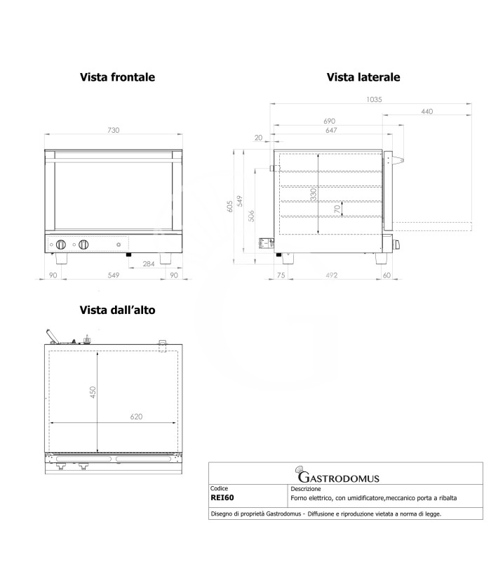 Forno elettrico, con umidificatore, comandi meccanici, porta a ribalta, monofase per 4 teglie 600x400 mm o GN1/1