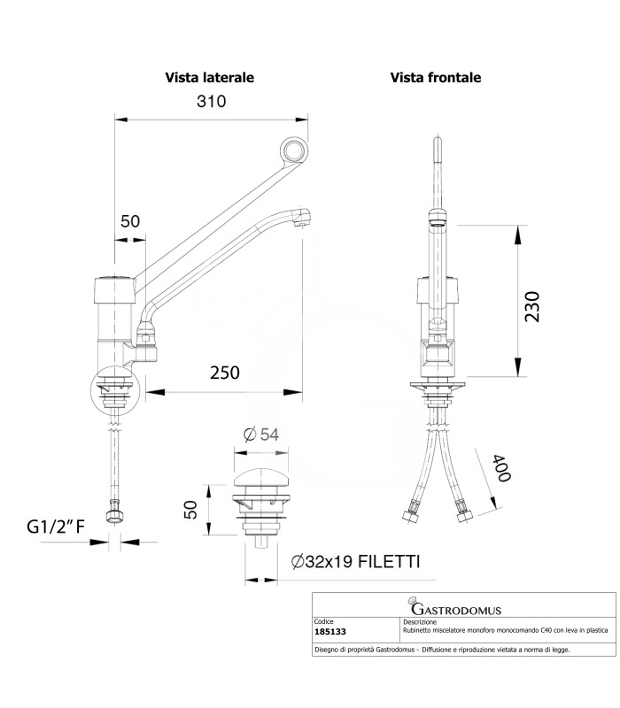 Rubinetto miscelatore monoforo monocomando C40 con leva in plastica nera - L 250 mm